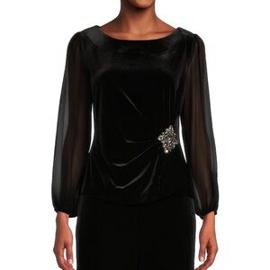 NWT Long Illusion Sleeve Scoop Neck Embellished Waist Stretch Velvet Blouse S
